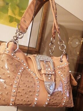 Silverake Ostrich Embossed Vegan Leather With Sparkling Crystals ShoulderBag
